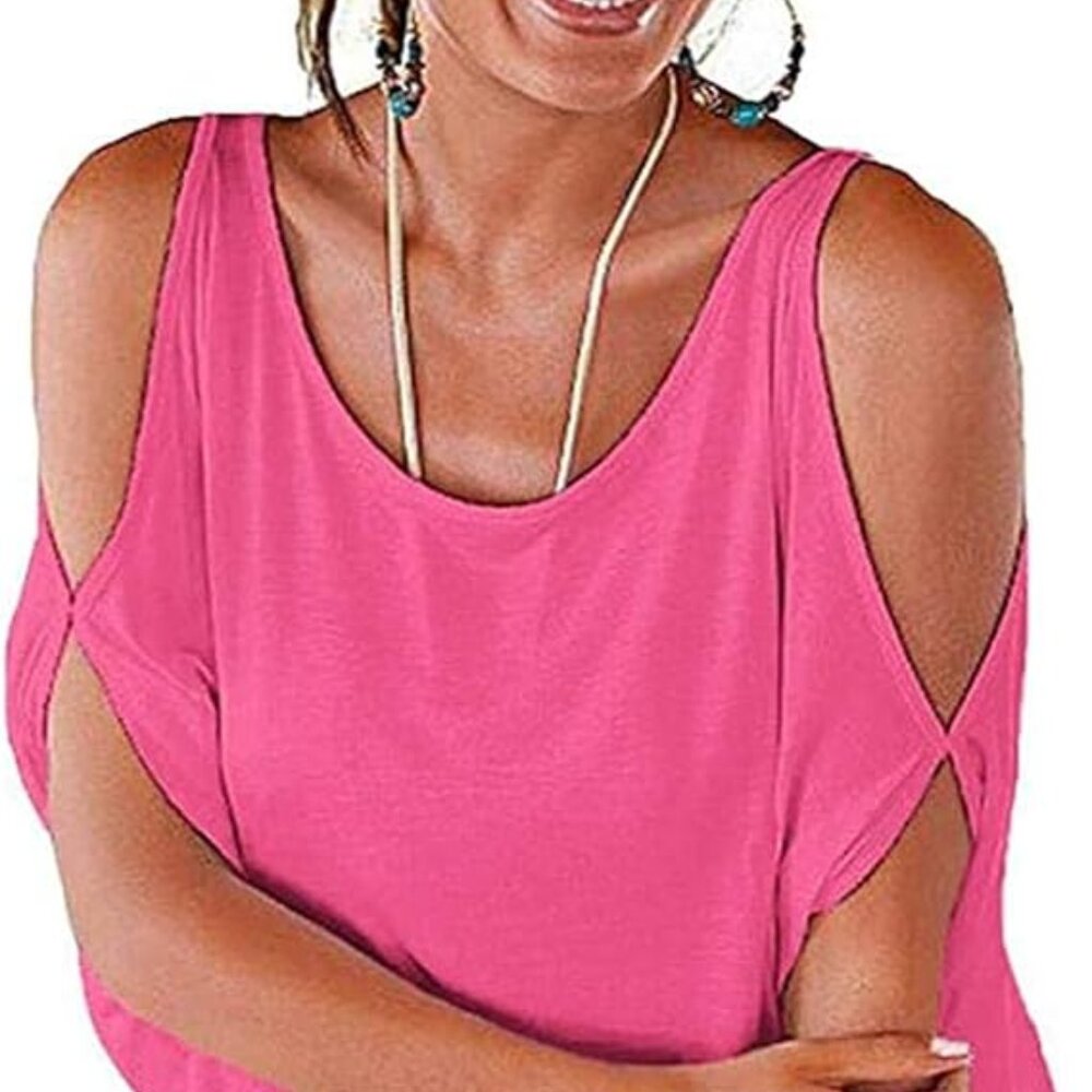 Miselon Cold Shoulder O-Neck Short Sleeve Loose Fit Blouse Top